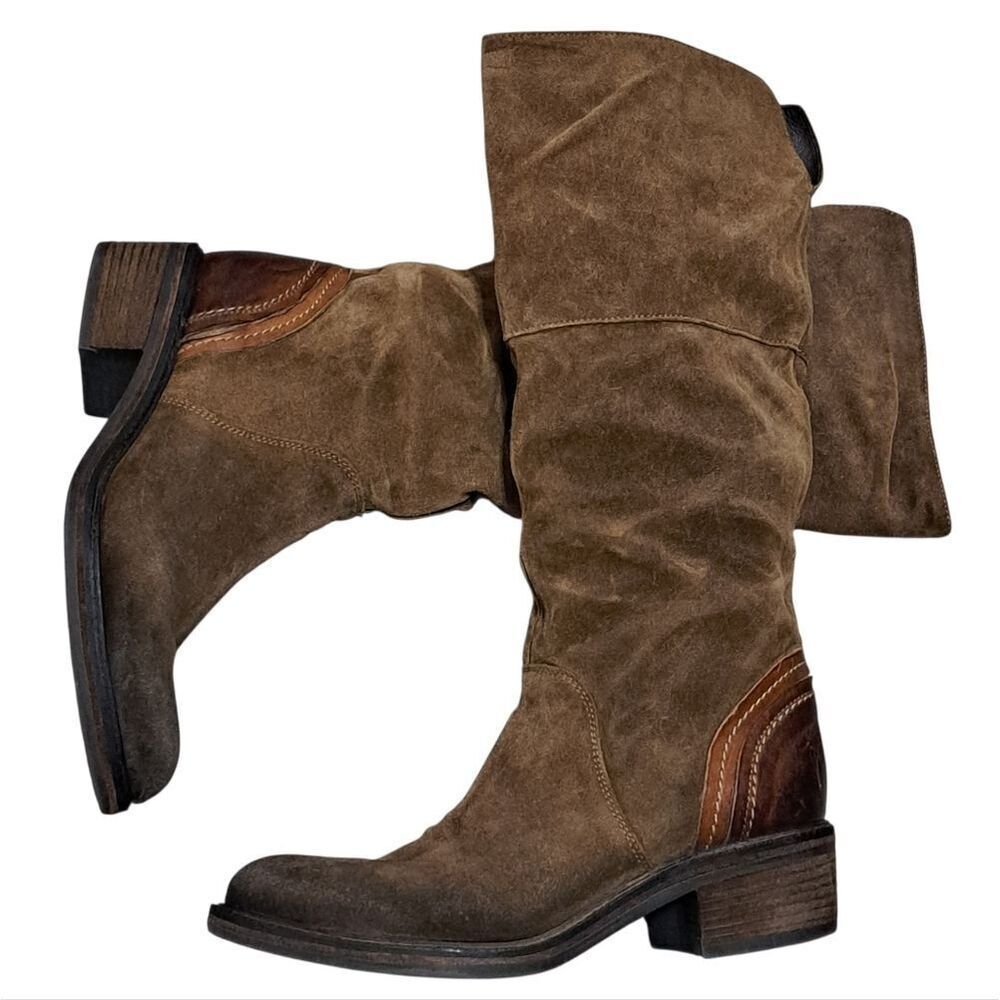 Vic Italian Leather Suede Western Cowgirl Moto Boho Women's Boots Size 37 Brown